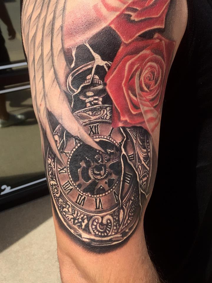 Rose and pocket watch tattoo tattoo by Tyler of Neon Dragon in Cedar Rapids, Iowa