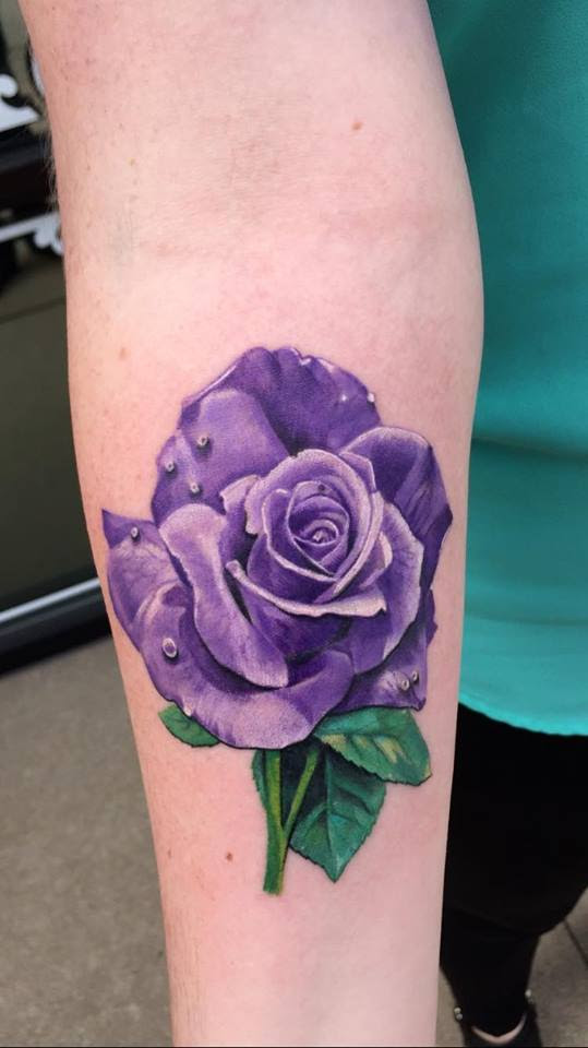 Realistic purple rose tattoo by Tyler of Neon Dragon in Cedar Rapids, Iowa