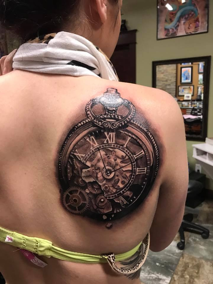 Fine line black and gray pocket watch tattoo by Tyler of Neon Dragon in Cedar Rapids, Iowa